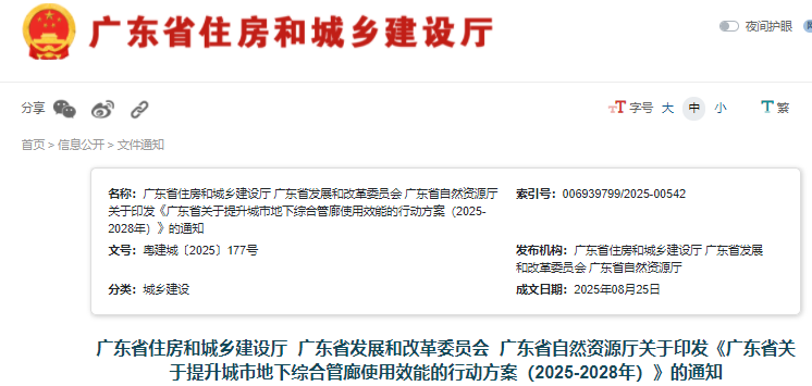 广东省关于提升城市地下综合管廊使用效能的行动方案（2025—2028年）